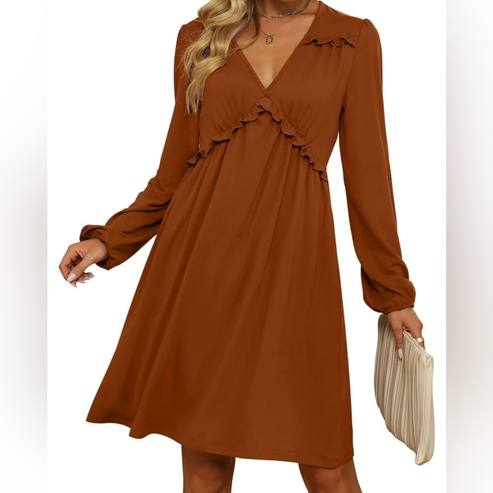 Elegant Long Sleeve Brown Dress